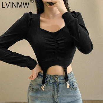 

LVINMW Sexy Square Collar Long Sleeve Solid Crop Top Woman tshirts Irregular With Metal Buckle Simple T shirt Tops Streetwear