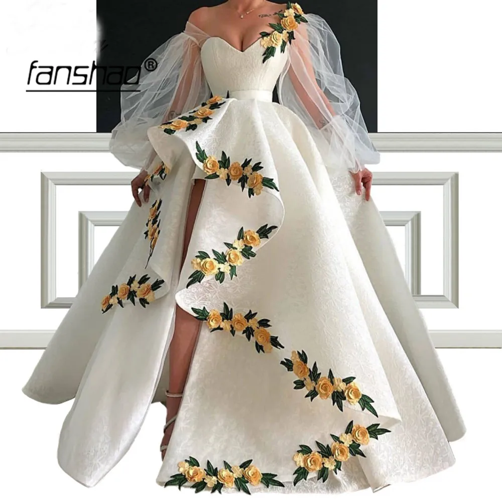 

Ivory Off Shoulder Asymmetry Evening Dresses Appliques Puff Sleeve Slit Saudi Arabic Special Occasion Party Dress Plus Size