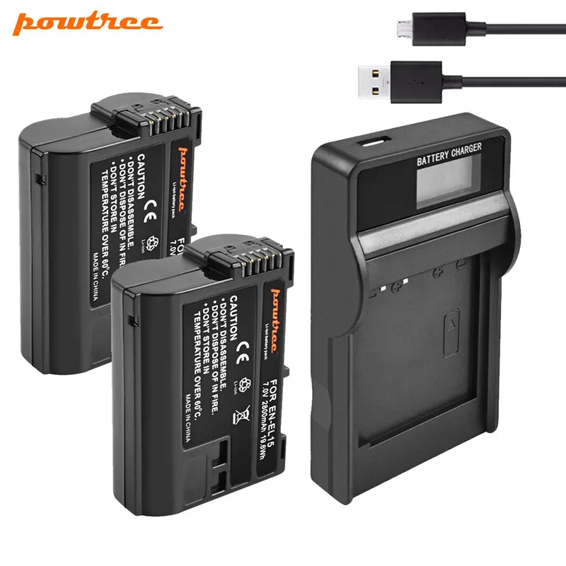 Powtree EN-EL15 ENEL15 Батарея+ ЖК-дисплей USB Зарядное устройство для Nikon D7000 D7100 D800 D800E D600 D610 D810 D7200 V1 Камера L15 RU EL15 - Цвет: 2 Battery Charger