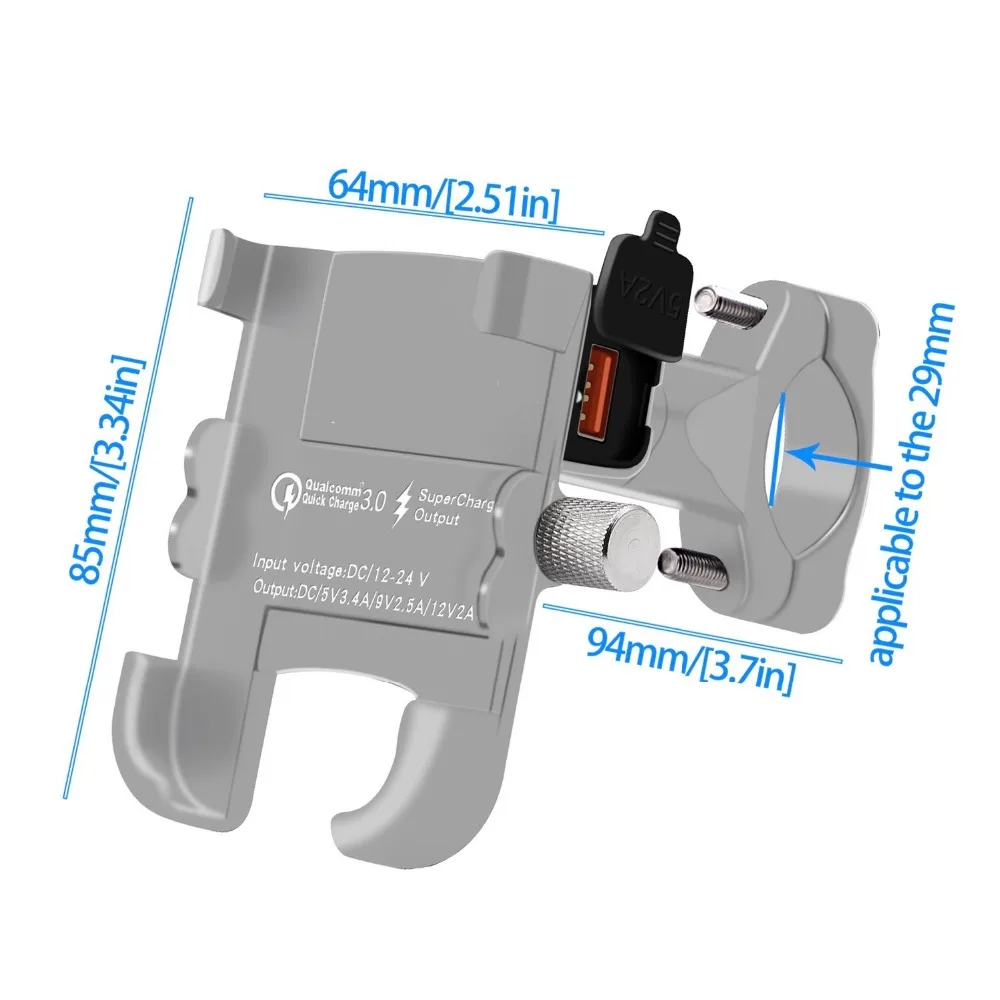 Motorcycle rechargeable 360°aluminum alloy phone holder Anti Falling bracket QC3.0 Fast Charge