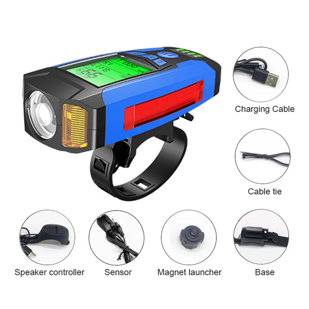 3 in 1 USB Bike Front Light 5 LED Bicycle Computer Horn Bicycle Flashlight IPX4 Waterproof Odometer Computer Speedometer