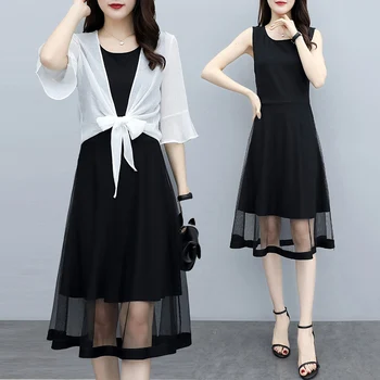 

Large Plus Elegant Dress Suit Women Chiffon Shirt Top And Sundress Spaghetti Strap Dress Two Pieces Set Pink Black Big Outfit