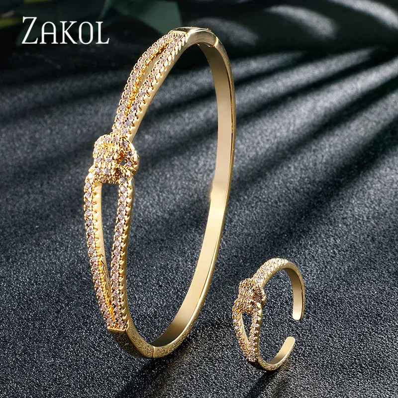Gold Color ZAKOL Романтический кубический цирконий сердце обертывание Сладкий Свадебный ювелирный браслет кольцо Набор для женщин свадебный ужин подарок на день рождения FSSP3120 - Окраска металла: Gold Color
