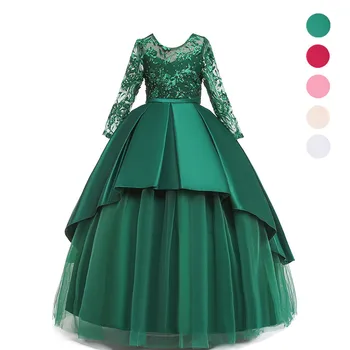 

Girls Pure Color Strapless Dress Lace Long Sleeve Diamond Flower Kids Wedding Dresses Children Catwalk Evening Dressing Clothing