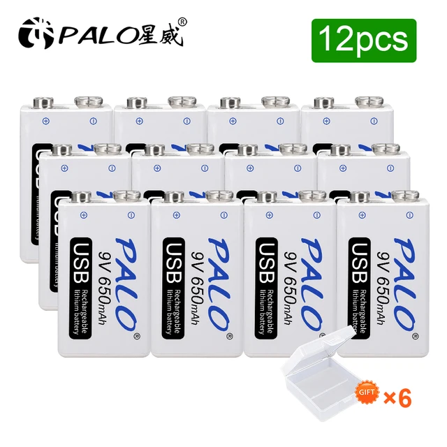 Rechargeable 9V Battery 650mAh Micro USB 9 Volt 6F22 Lithium Crown 9v Batteries for Multimeter KTV Microphone Metal Detector 12pcs