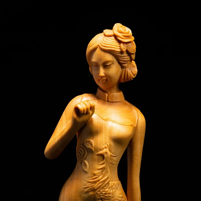 

Escultura de belleza de boj, estatua china tradicional de madera tallada para niña, decoración del hogar, 17cm