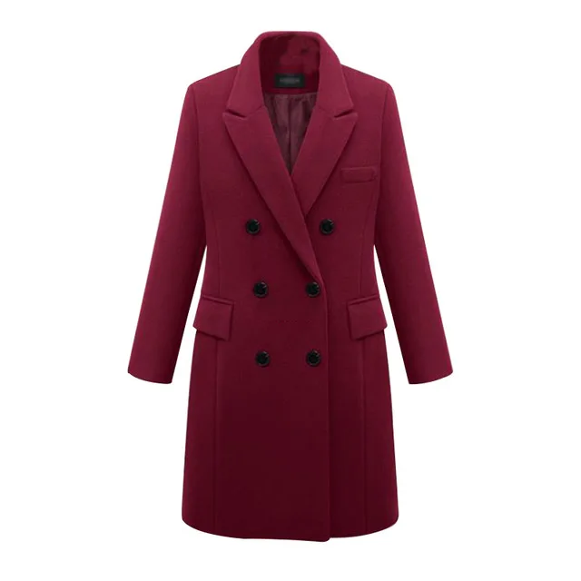 Осень-зима, элегантное шерстяное пальто, Женский блейзер, длинное пальто, приталенная куртка, модное двубортное пальто с отложным воротником - Цвет: Wine Red