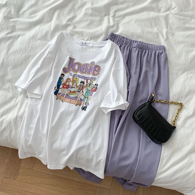 Summer Fashion Pant Set Women Casual Oversize Print White T-shirt + High Waist Wide Leg Loose Long Pant Matching Set Two Pieces Summer Fashion Pant Set Women Casual Oversize Print White T-shirt + High Waist Wide Leg Loose Long Pant Matching Set Two Pieces