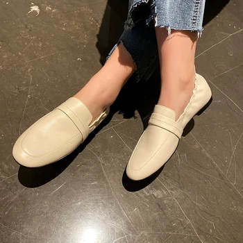 

Women Pumps Cow Leather Prom Pumps Shoes Spring Summer Shallow Slip on Low Heeled Square Toe Shoes Woman