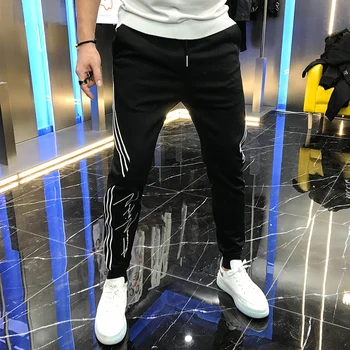 

Autumn 2020 men's striped cool casual pants fashion brand European Harem Pants lace up elastic little feet Leggings men's pants