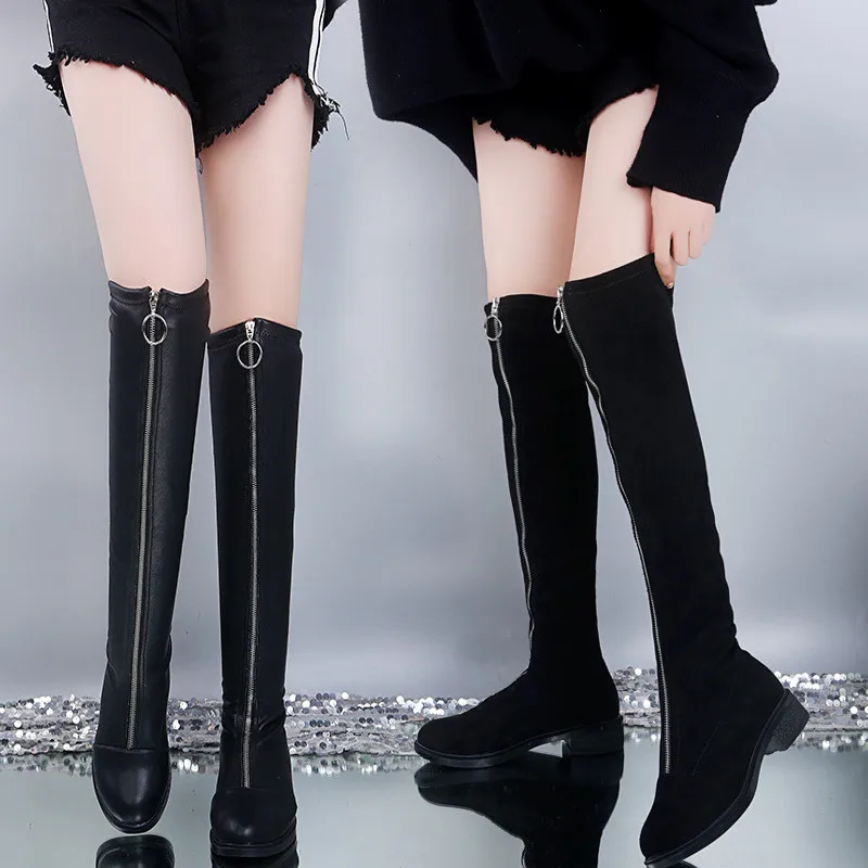 2020 nuevo Otoño Invierno botas mujeres anillo frontal cremallera de las mujeres hasta la rodilla botas de ante elástico y zapatos de taco en PU zapatos de mujer tamaño 35-41