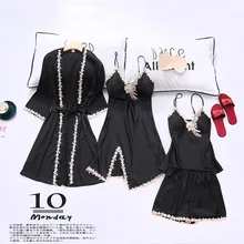 

2021 Summer New Sexy Pajamas Set, Ice Silk Four Piece Set, Suspender Nightdress, Thin Women's Home Clothes Lounge Wear