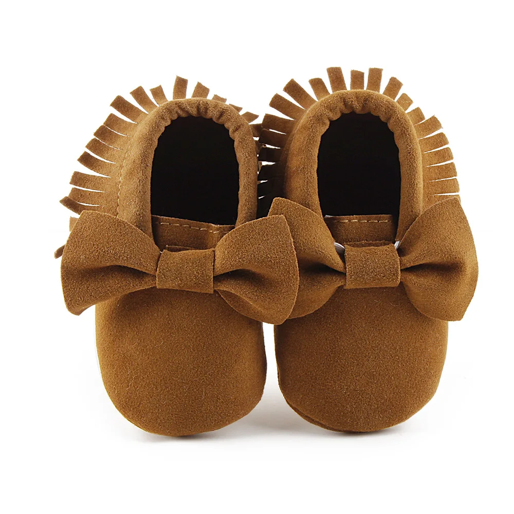 brown REAKIDS/детская обувь с бантом и кисточками для девочек; обувь для первых шагов; мокасины для новорожденных; мягкая нескользящая обувь с бахромой для мальчиков - Цвет: brown