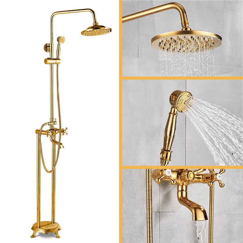 Shower Set Bathtub Faucet Shower Faucet Suguword Floor Mounted Free Standing Bathroom Tub Faucet 2 Handles Rainfall Shower Head Hand Shower Systom Tub Spout Mixer Tap
