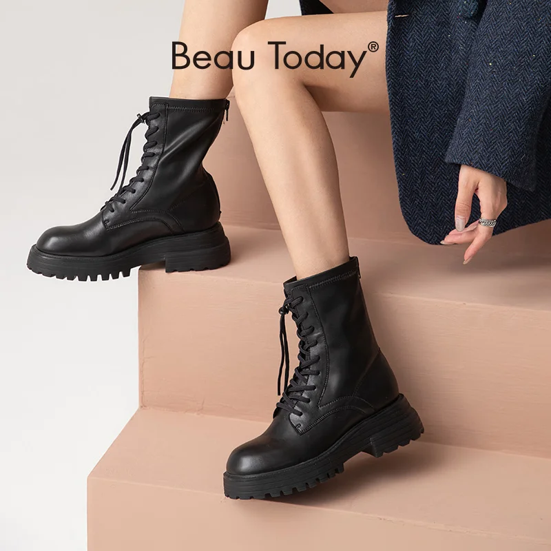 

BeauToday Ankle Boots Women Genuine Calf Leather Cross-Tied Round Toe Platform Fashion Ladies Autumn Winter Handmade 04423