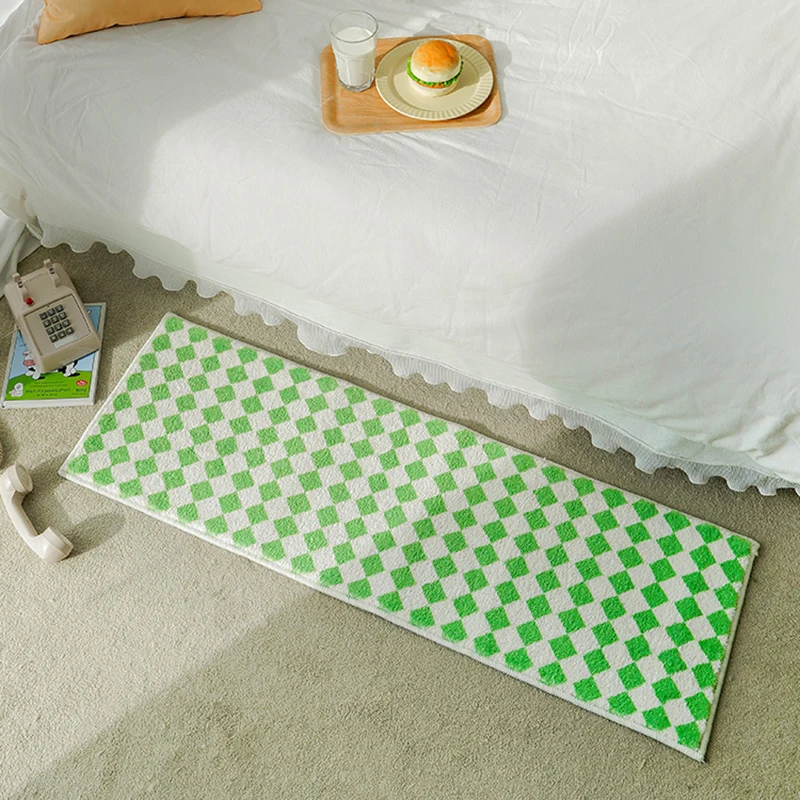 

Chic Plaid Long Bedside Rug Soft Fluffy Colorful Bedroom Carpet Area Floor Pad Mat Doormat Aesthetic Home Room Decor 40x120cm