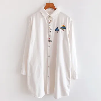 

Japanese Preppy Style Kawaii Cartoon House Embroidery Long Shirt Women Spring Autumn Long Sleeve Shirts Plus Size White Tops