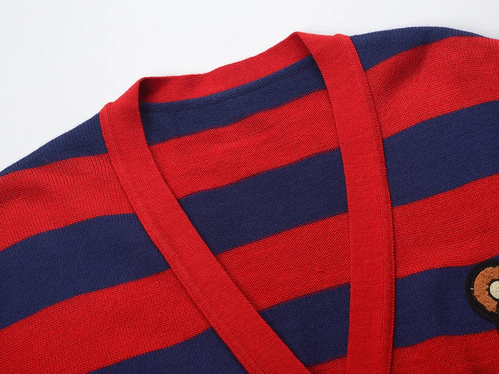 Runway Brand Fashion Trendy Red Blue Striped Cardigan Cartoon Bear Embroidery Sweater Coat Jacket Women Fall Winter Clothing cardigan