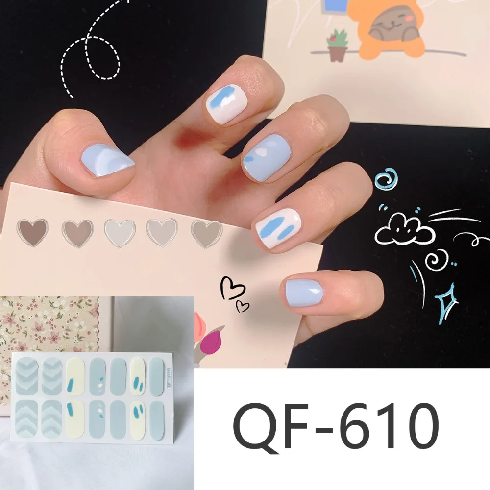 14tips/sheet Milk Heart Nail Wraps Polish Decals Strips Jump Cross Color Glitter 3D Adhesive Full Nail Art Stickers Matte Nails