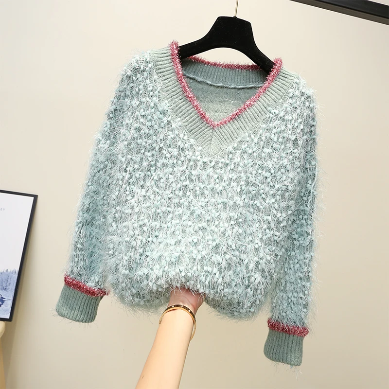 

2019 Women Sweater Autumn Winter V-neck long Sleeve Fashion casual Sweaters Patchwork Loose Pullover Streetwear