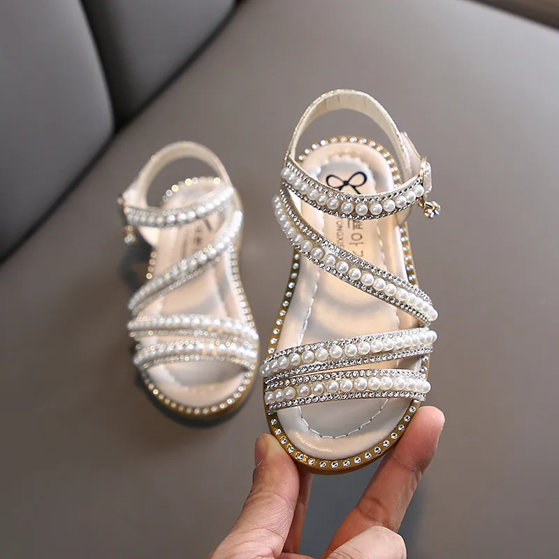 Summer Girls Shoes Bead Mary Janes Flats Fling Princess Shoes Baby Dance Kids Sandals Children Wedding Pink D238
