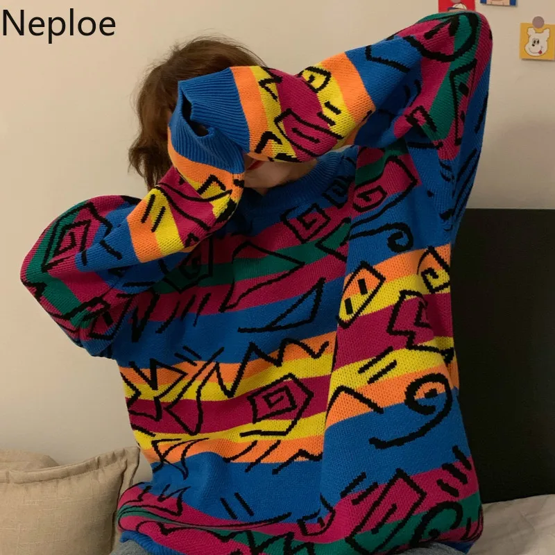 Neploe Шикарный ретро Сумасшедший стиль свободный Pull Femme граффити Lover Радуга полосатый вязаный свитер с круглым вырезом длинным рукавом патч Pulllover