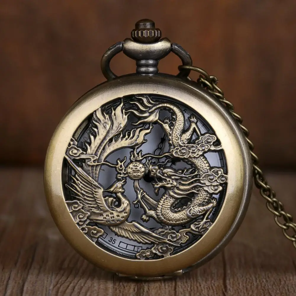 

Retro Vintage Hollow Dragon Carving Quartz Pocket Watch Pendent Necklace Fob Pocket Watches Analog For Gift Drop Shipping