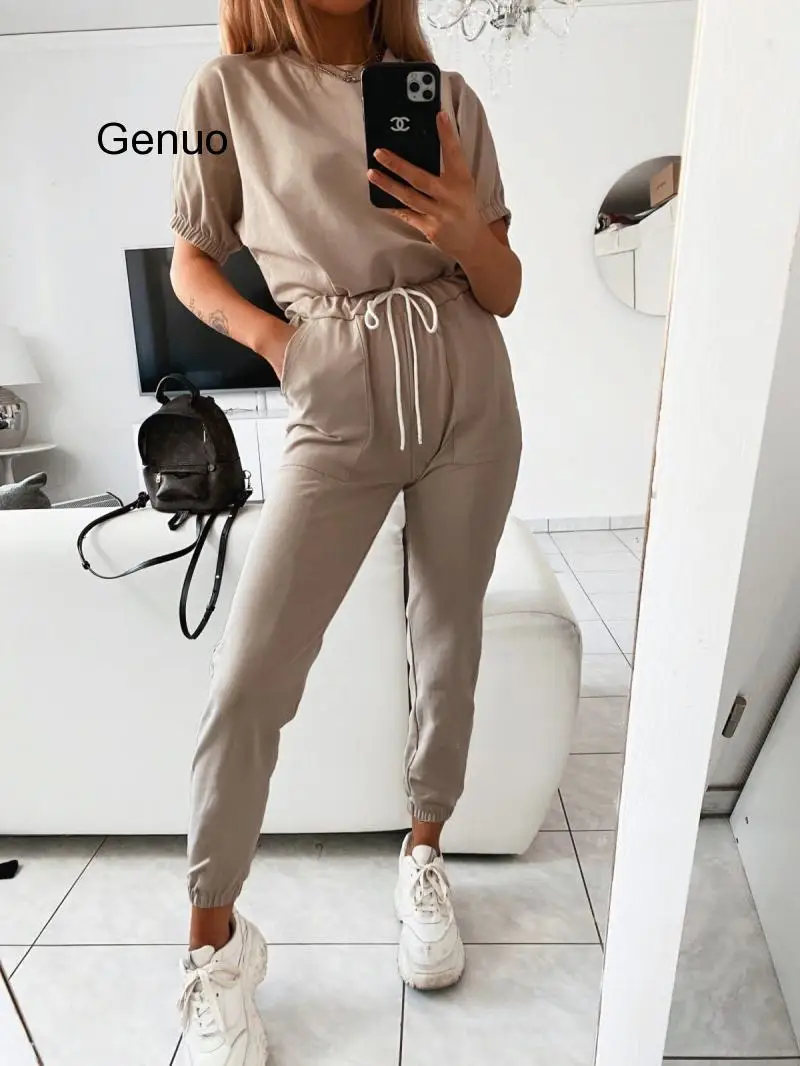 Casual Solid Color Lace Up Two Piece Lantern Sleeve Women's Elegant Pants Set Jogging Pants Two Piece Home Sports Style home shoes storage box sports shoes organizer wardrobe clothing protect various flip flop high heels bathroom doorway collect