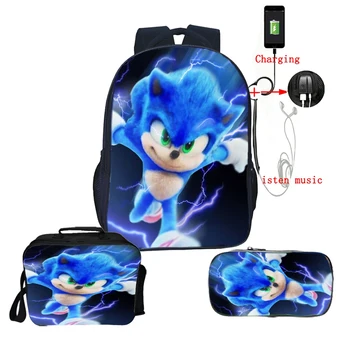 

Sonic School Bags for Teenage Girls Backpack Student School Bag Backpack with USB Cable Cool Schoolbag Lunch Bag Pencil Case