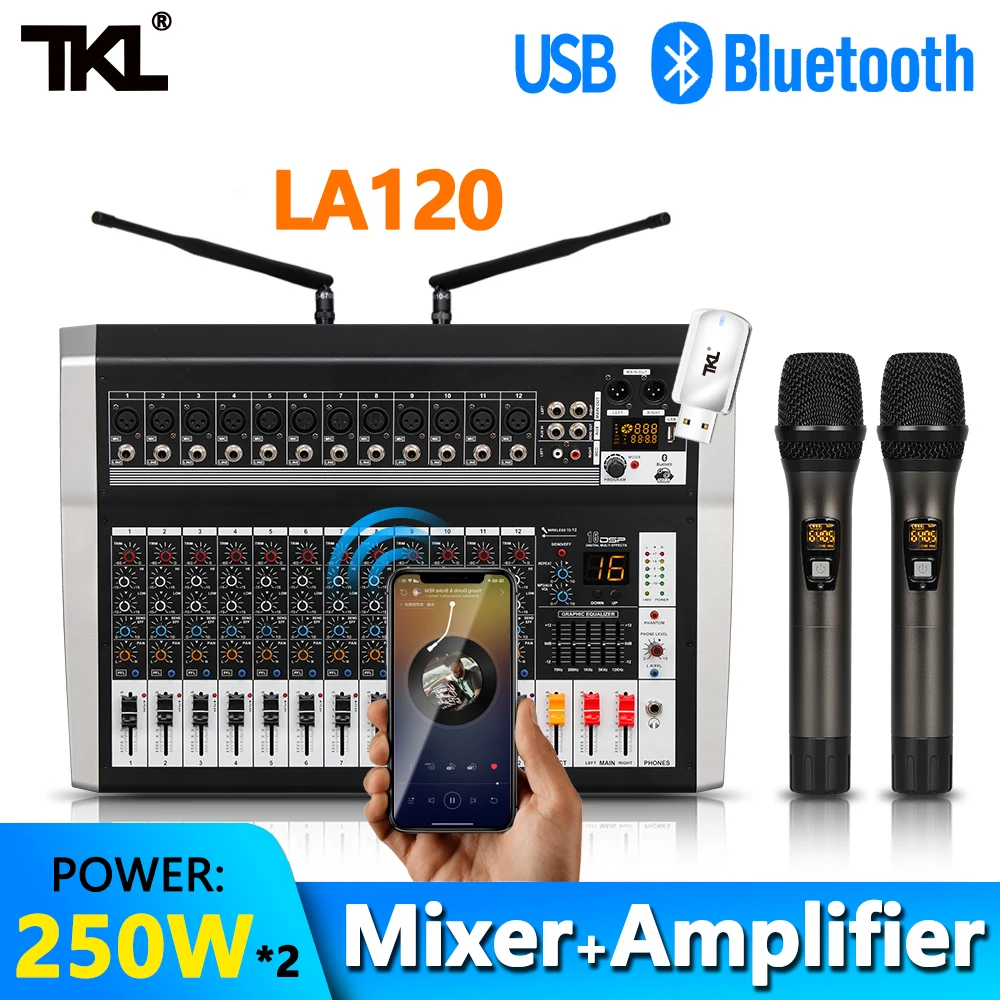US $270.43 Professional Audio Mixer With Amplifier 250W2 Wireless Microphone Bluetooth Music USB DJ Sound Mixing 16 DSP 48V Phantom Power