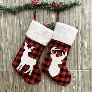 

2 Pcs Christmas Stockings Set Large Plaid Holders with Reindeer Gift Bag for Family Holiday Xmas Party Decorations