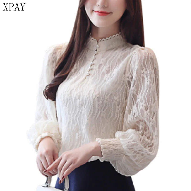 

2020 new spring long sleeve Solid Lace Blouse shirt women Stand Collar Pullover Shirts Vintage Casual Tops Bead Camisas Mujer