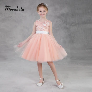 

Princess Pink Flower Girl Dresses Elegant Scoop Neck Sleeveless Ball Gown Tulle Short Kids Prom Gowns Pageant Dresses For Girls