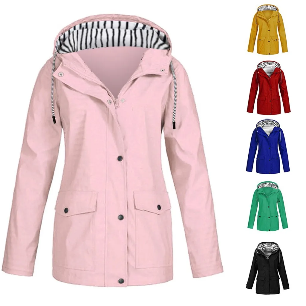 Chaqueta de lluvia Lisa para mujer, abrigo impermeable con capucha de talla grande para exteriores, prendas de vestir a prueba de viento, larga y cálida, #3