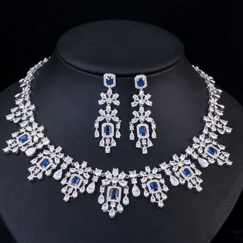 Blue Cwwzircons Роскошные Зеленый фианит Для женщин Свадебная вечеринка ожерелье и серьги невесты Ювелирные наборы Свадебные аксессуары для одежды T353 - Окраска металла: Blue