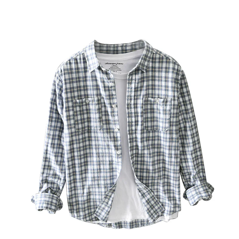 Cotton Shirt Men Spring Autumn Casual Plaid Long Sleeve Thick Retro Multi-pocket Workwear