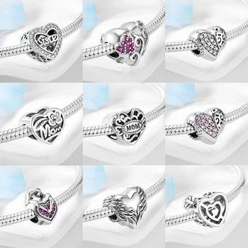 

925 Sterling Silver Clear zircon heart Family MOM beads Fit Original European Charm Bracelet Jewelry making Mother's Day