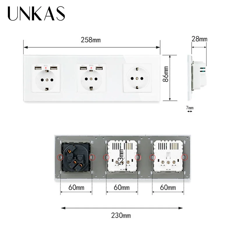 UNKAS 3 Gang настенная розетка стандарта ЕС с 2 USB портами для зарядки мобильный