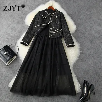 

Fashion Runway Designer Women Winter Beading Tweed Woolen Jacket and Midi Mesh Dress Suit Vintage Black Party Robe Femme Vestido