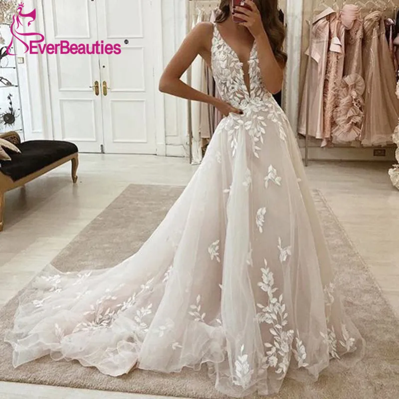 

A-Line Tulle Lace Wedding Dresses Bride Dress V-Neck Wedding Gowns Robe De Mariee Vestido De Noiva 2020 Vestidos De Noiva Doura