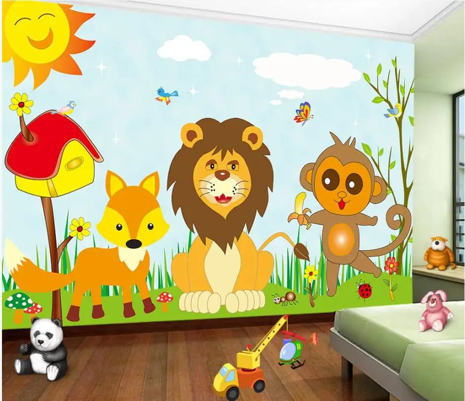 WDBH 3d wallpaper custom photo Cartoon prairie lion monkey fox children room background home decor for walls 3 d | Обустройство дома