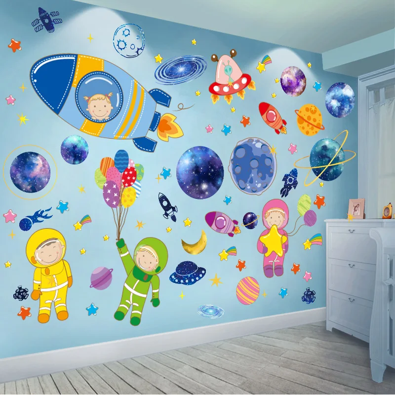[SHIJUEHEZI] Космические Планеты наклейки на стену DIY мультфильм ракеты космонавты наклейки на стены для детской комнаты украшения для детской спальни - Цвет: Planets and Rocket