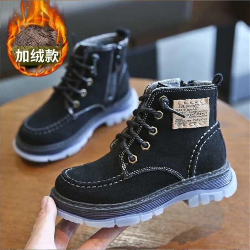 Children's Fashion Boots 2021 autumn Winter New Boys Cow Skin Snow Boots Plush Fur Waterproof Non-Slip Soft Student ShortBoots