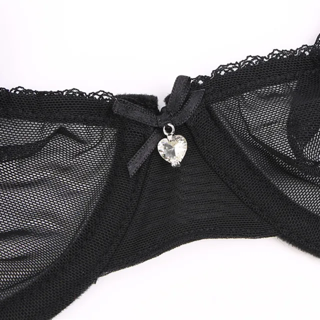 Varsbaby ultra-thin cup mesh lace underwear transparent unlined 1 bra+2 panties plus size bra set for ladies 6