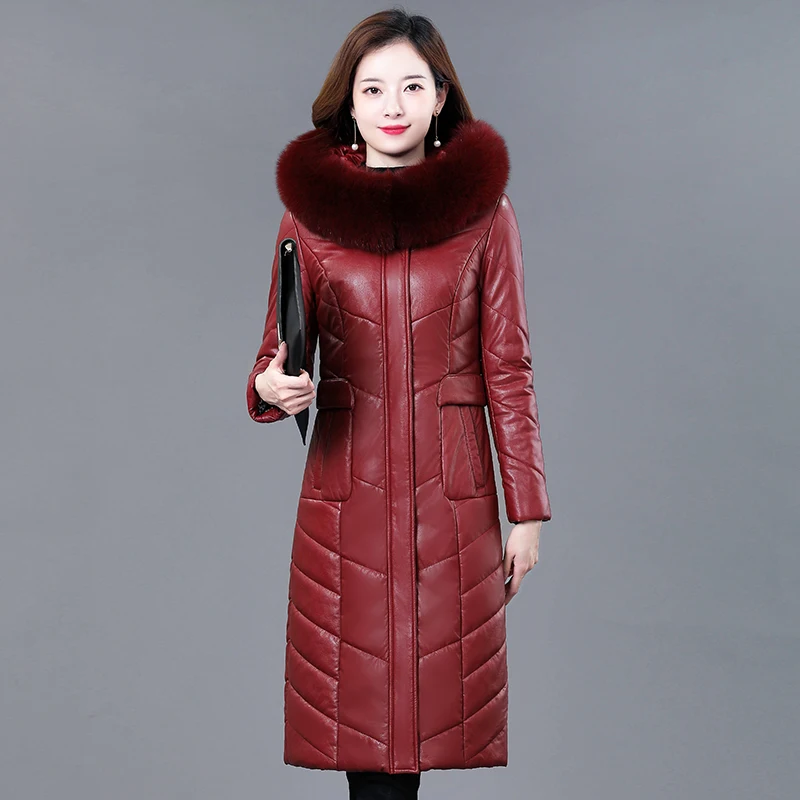 Воротник из натурального Лисьего меха, зимняя куртка на утином пуху, Женская Длинная кожаная куртка, женское пуховое пальто, зимняя кожаная куртка с капюшоном размера плюс 7XL - Цвет: Красный