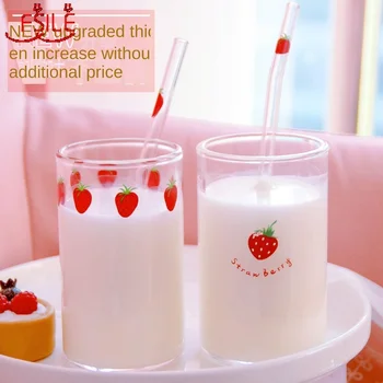 

FSILE Simple Cup Girl Heart Home Cute Creative Milk Cup Strawberry Fashion Simple Straw Glass Juice Cup Transparent Water Cup