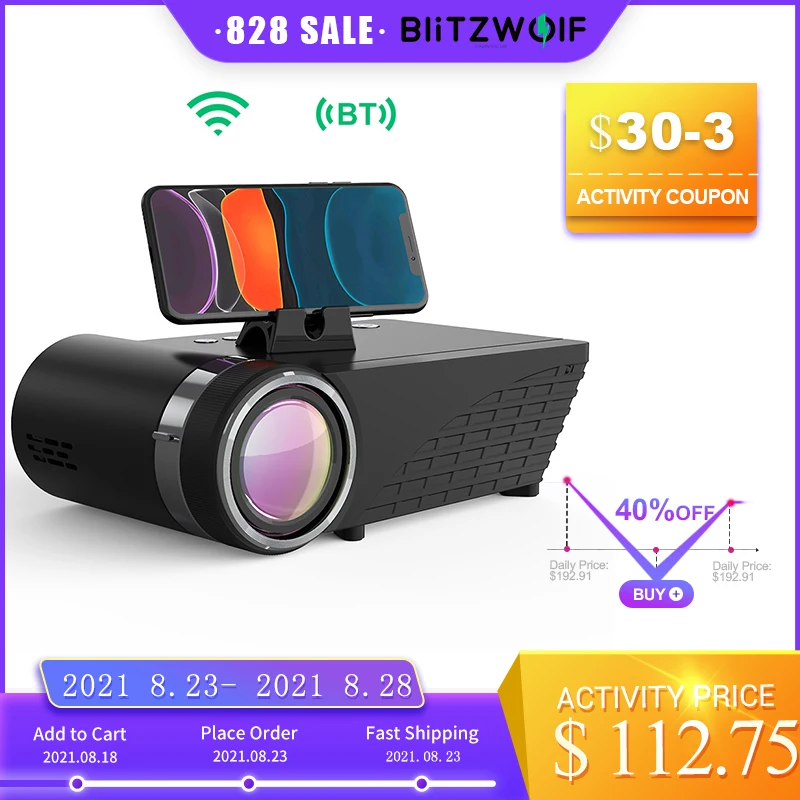 Get BlitzWolf BW-VP8 WIFI Projector 5500Lumens LCD LED Cast Screen Buetooth Earphone Sound Wireless Phone Same Screen Full HD 1080P