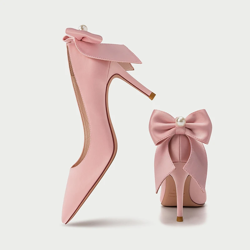 

Spring pointed bow stiletto high-heeled large size small size wedding shoes low-heeled party dress all-match women's single shoe
