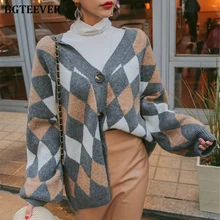 Женские свитера осень зима модные утепленные клетчатые кардиганы с v-образным вырезом однобортные с пышными рукавами свободные трикотажные открытые