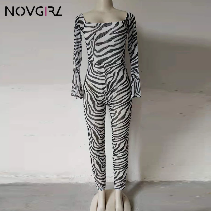 Novgirl с принтом зебры для клуба, для вечеринки, комбинезон для женщин, осень 2019, с расклешенными рукавами, с открытыми плечами, Обтягивающие